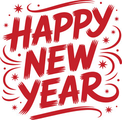 Happy New Year vector design with bold red brushstroke text, gold stars, festive swirls, and celebratory accents on white background.