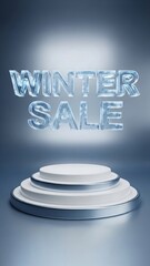 Clear ice winter sale text frozen over a blank white three-tier podium on a gradient background for seasonal product presentation. Vertical template with copy space.