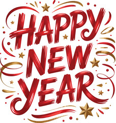 Happy New Year vector design with bold red brushstroke text, gold stars, festive swirls, and celebratory confetti accents.