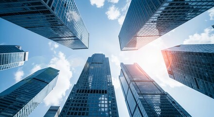 Modern skyscrapers low angle view reaching blue sky with sun flare.