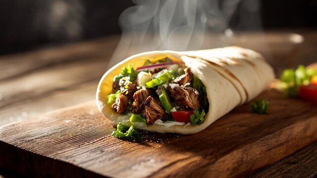 Delicious Shawarma Wrap with Roasted Meat and Fresh Vegetables