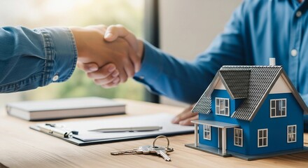 Real estate agents handshake deal, mortgage, house keys, property.