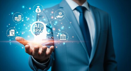 Businessman holding ai rpa technology with financial icons network.