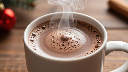 A steaming hot chocolate drink in a white mug on a wooden table with a cozy winter holiday atmosphere and a soft bokeh background
