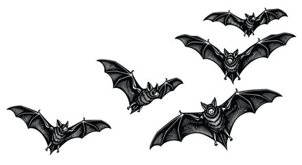 Flying bats collection in engraving style with black and blue details, spooky nocturnal animals, detailed vintage vector illustration for Halloween or horror.