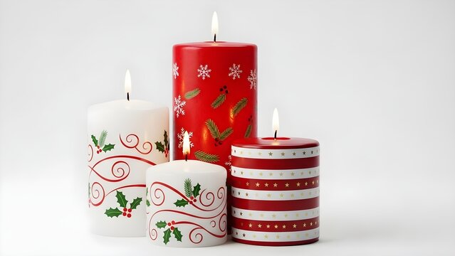Festive Christmas candles with traditional holly, snowflake, and star patterns, warm holiday glow isolated on transparent background