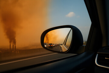 Highway traffic and factory smoke seen in rearview mirror of car, contrasting polluted past with clear blue sky ahead
