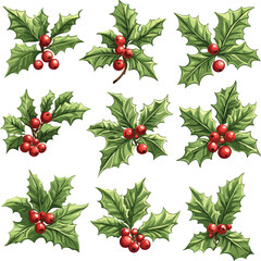 Holly berry seamless pattern with red fruit, green leaf, and branch for Christmas holiday decoration