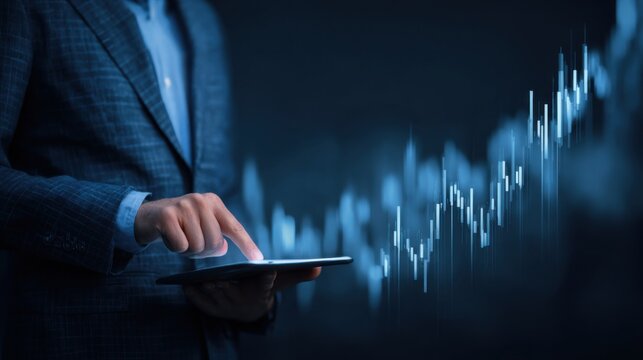 Businessman using tablet with rising stock market chart