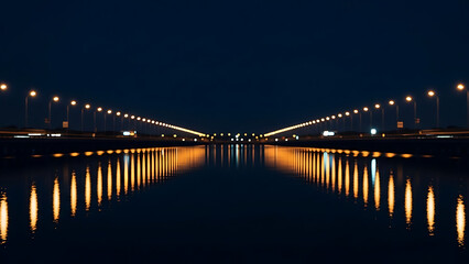 Symmetrical suspension bridge illuminated at night with reflections on calm water