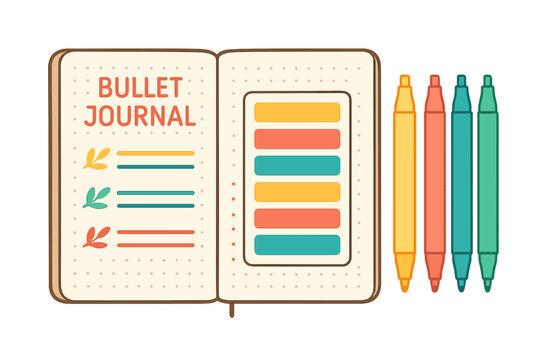 Bullet journal with markers colorful pens and organized layout design  