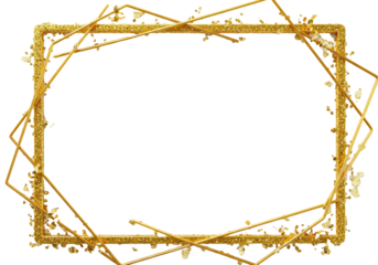 Photorealistic macro, geometrically precise border of ultra-thin metallic gold glitter dust on a transparent background with central copy space. Concept for opulent celebration backdrop