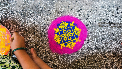 decorative rangoli with symbols drawn for diwali celebration