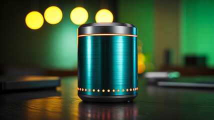 Modern metallic smart speaker glowing on stylish desk background