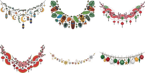 Collection of decorative garlands isolated on transparent background, featuring floral, feather, and leaf designs