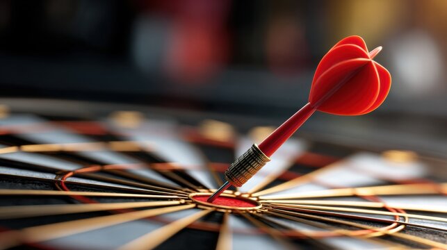 Close up of a dart hitting the bullseye on a dartboard