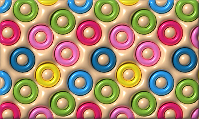 Fototapeta premium Seamless repeating pattern of glossy, multi-colored rings on a textured beige background, 3D rendering illustration