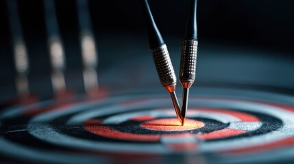 Dart hitting bullseye on target close up