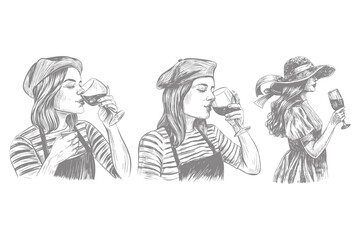 elegant wine illustration. hand drawn sketch line art featuring multiple stylish women holding wine glasses. culture category trending vintage design. Eps 10