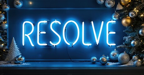 Bright neon sign spells resolve. Festive decorations surround it, creating winter holiday mood. Dark background emphasizes glowing text.