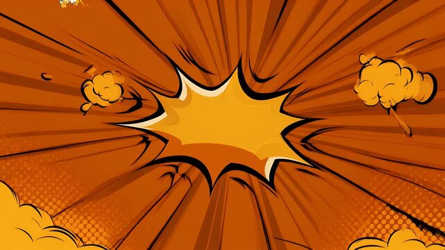 A vibrant comic book style explosion shape with radial lines.