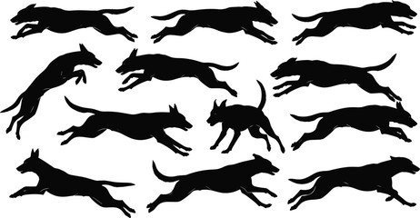 Vector collection of black dog silhouettes running and jumping in dynamic action poses isolated on white background for design