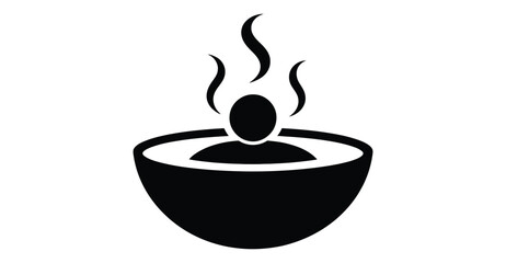  “Black minimalist hot soup bowl icon with rising steam silhouette, clean vector illustration perfect for food menus, restaurant branding, culinary graphics, kitchen symbols and cooking-related design