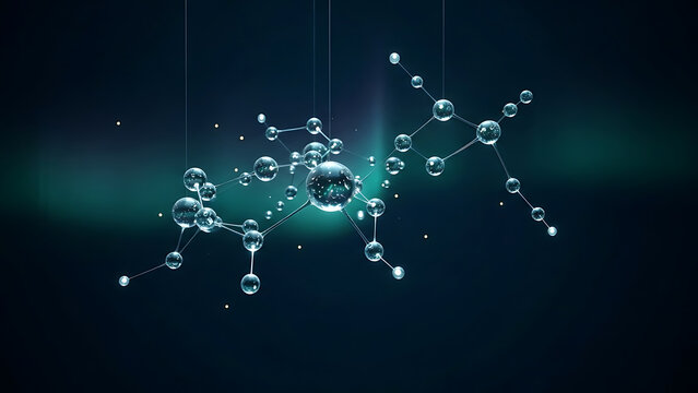 Abstract 3d molecular structure made of water droplets on dark background