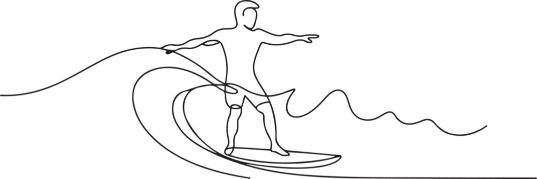 Man playing surfboard on beach continuous line drawing. Sport and adventure concept. Vector illustration minimalist design. one line Icon drawing