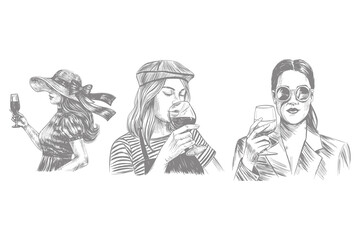 fashionable women drinking wine hand drawn sketch illustration. vintage line art style perfect for wine culture design. Vector illustration. Eps 10