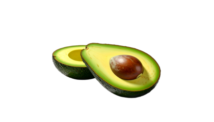 A halved avocado with the pit visible, on black. Intense lighting highlights the texture