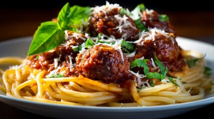 Mouthwatering Spaghetti with Meatballs Garnished with Fresh Basil and Grated Cheese Perfect for Italian Cuisine Lovers