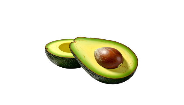 A halved avocado with the pit visible, on black. Intense lighting highlights the texture - Powered by Adobe