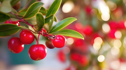 Obraz premium Bright red berries adorn a festive green branch