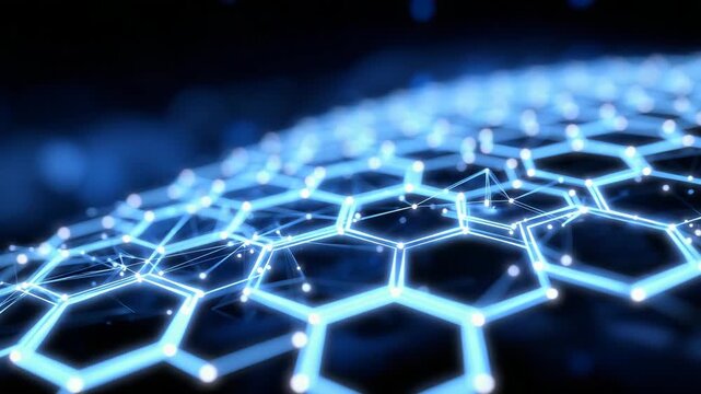 276Detailed photograph of interlocking blue hexagons, dark background enhancing depth, subtle glowing network lines overlaying connections between each element