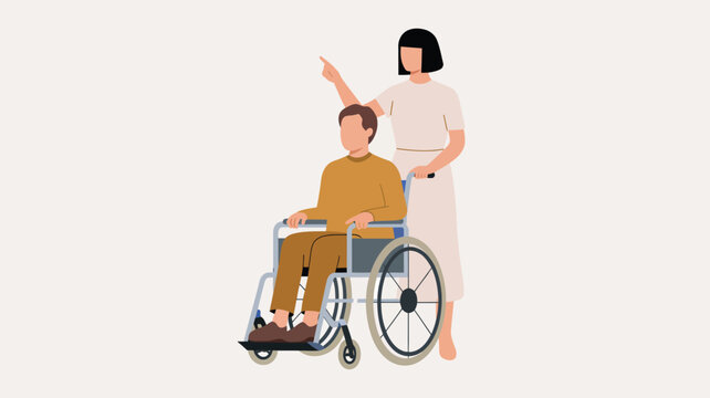   “Illustration of a caregiver assisting a man in a wheelchair, depicting support, rehabilitation, accessibility, disability care, medical assistance, and compassionate healthcare services”

