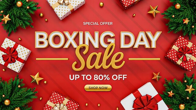 Boxing day sale banner with gift boxes and green branches on red background
 - Powered by Adobe