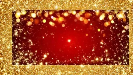 Stunning gold glitter frame with vibrant bokeh lights on rich red background for elegance