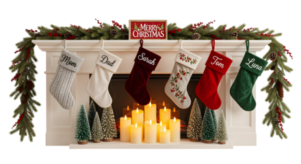 Cozy Christmas fireplace with stockings hung by the mantle, ready for Santa.