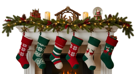 Festive Christmas stockings hang from a decorated mantelpiece, awaiting gifts and holiday cheer.