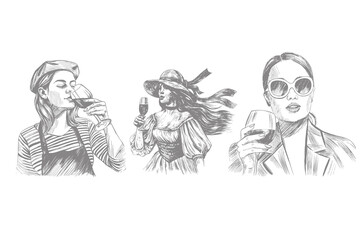 wine themed hand drawn sketch illustration showing stylish women enjoying wine detailed vintage trending wine culture fashion artwork. Eps 10