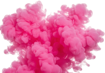 A voluminous magenta and soft pastel pink smoke cloud, fluffy cotton candy-like layers, frozen movement, macro detail on an infinite white background, concept of fluid dynamic abstraction