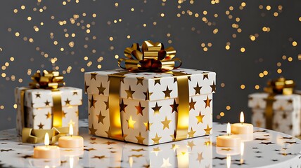 Christmas gift boxes with golden stars and candles on festive background