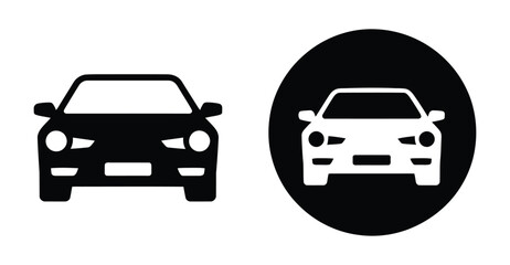 “Front view car icon set featuring bold automobile silhouette and circular badge version, minimal transportation symbol for driving, vehicle services, automotive industry and road safety graphics”
 