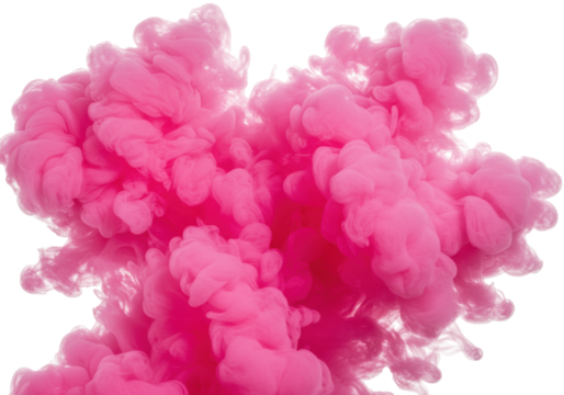 A voluminous magenta and soft pastel pink smoke cloud, fluffy cotton candy-like layers, frozen movement, macro detail on an infinite white background, concept of fluid dynamic abstraction
