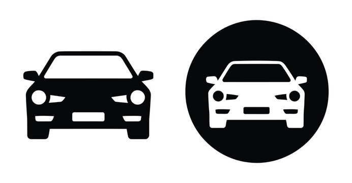 &ldquo;Front view car icon set featuring bold automobile silhouette and circular badge version, minimal transportation symbol for driving, vehicle services, automotive industry and road safety graphics&rdquo;
 