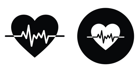  “Heart with heartbeat line icon set featuring bold medical cardiology symbols in silhouette and circular badge styles, representing health monitoring, pulse rate, ECG and wellness diagnostics graphic © VectorCraze