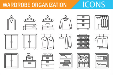 Wardrobe organization outline icon set with closet furniture and clothing storage symbols