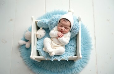 Newborn baby in white hat and clothes sleeps in small bed. Baby lies on blue pillow with soft toy. Infant resting in cozy setting with plush rug on wooden floor.