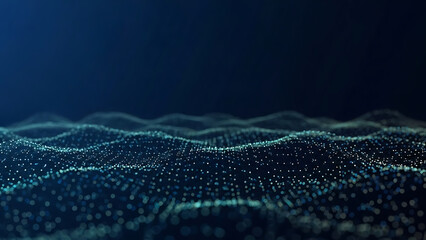 Abstract digital wave pattern of glowing blue particles on a dark background